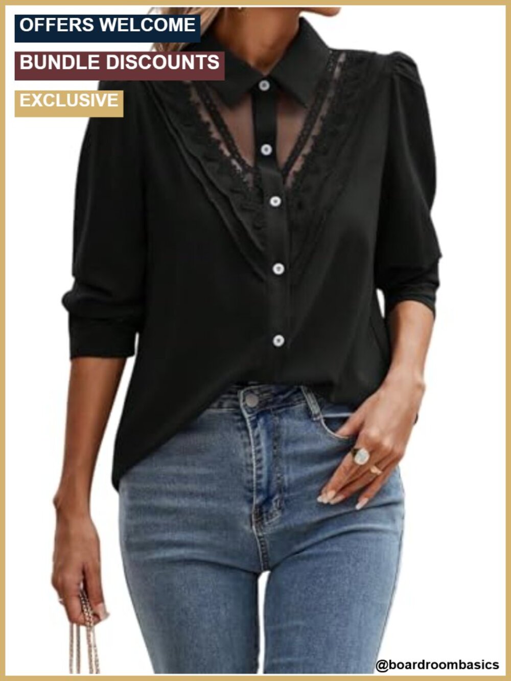 Lace Sheer Button Down Puff Blouse Long Sleeve Collared Neck Office Wear